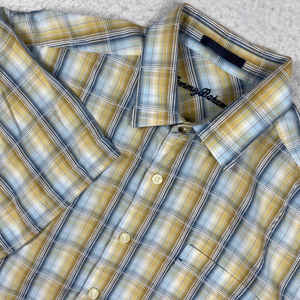 Tommy Bahama Button Down Shirt Mens Large Yellow Blue Plaid Tencel Short Sleeve